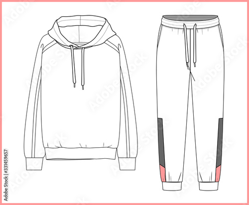 Sweatshirt, sweatpants fashion flat sketches. Apparel template