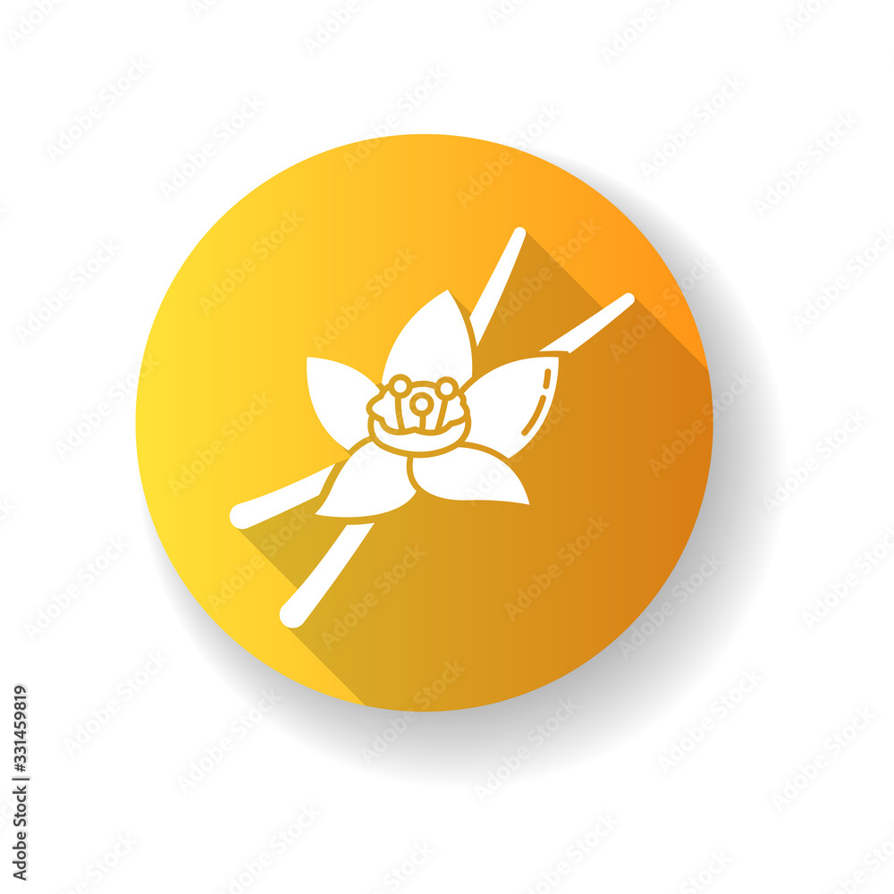 Vanilla yellow flat design long shadow glyph icon. Aromatic flower and pods of vanilla orchid. Aroma and flavor compound for foods. Sweet baking ingredient. Silhouette RGB color illustration Vanilla yellow flat design long shadow glyph icon. Aromatic flower and pods of vanilla orchid. Aroma and flavor compound for foods. Sweet baking ingredient. Silhouette RGB color illustration
