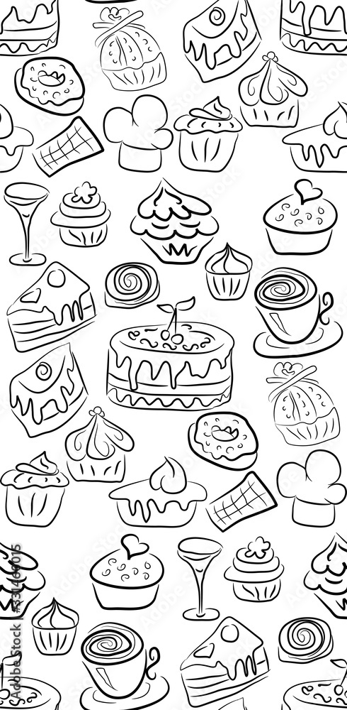 Hand drawn sweets and candies pattern. doodles. Isolated food on white background. Seamless texture.