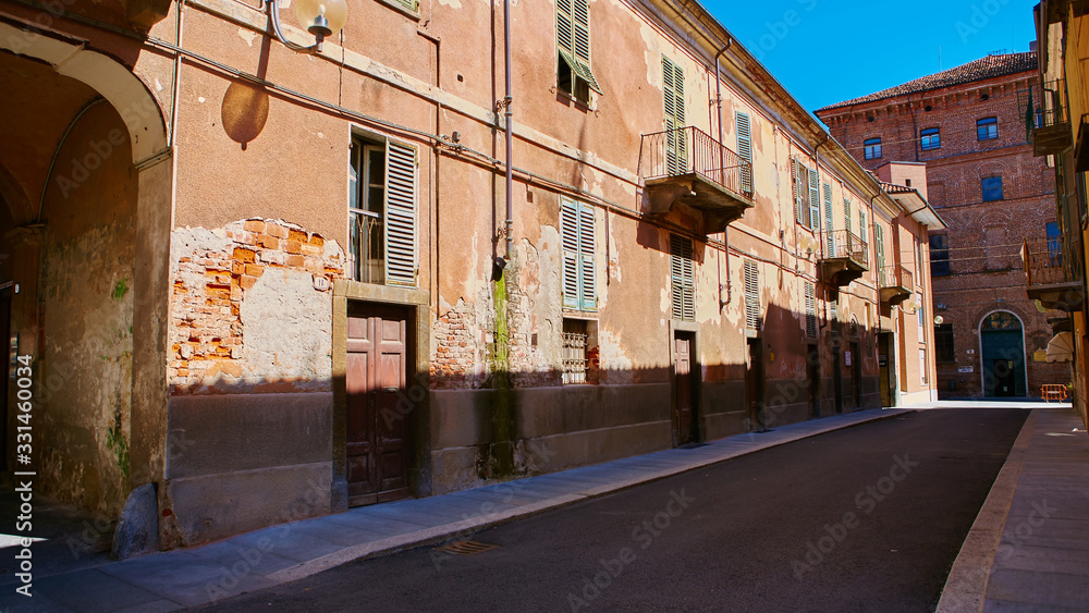 Empty Street in the Italian town Fossano in Province Cuneo, Region Piedmont, northern Italy.