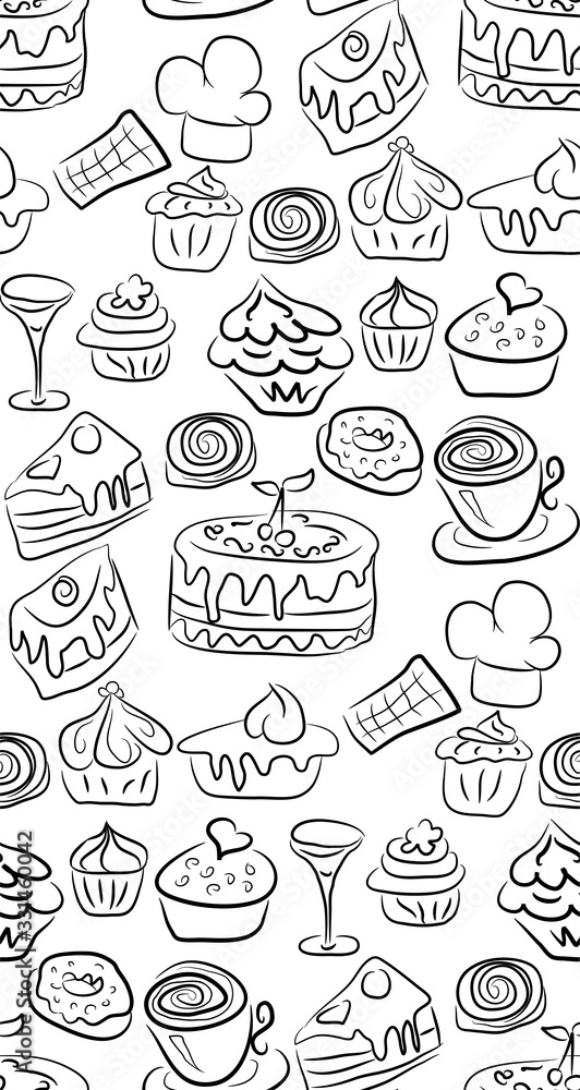 Sweet doodle pattern with cupcakes, cakes, candies and cones. hand drawn seamless pattern.