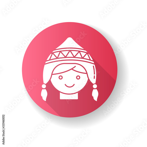 Handknit hat pink flat design long shadow glyph icon. Cute peruvian girl. Traditional woolen headwear with ear flaps. Symbol of andean culture. National costume part. Silhouette RGB color illustration