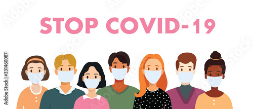 Vector flat illustration people of different nationalities. Set of man and woman in medical masks. Stop coronavirus. Covid-19. Save your health and stop the spread of the epidemic. Virus corona text.