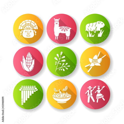 Peru flat design long shadow glyph icons set. Hispanic history, traditions, cuisine. Incas, alpaca, guinea pig, corn, coca, vanilla, ceviche, marinera. Silhouette RGB color illustration