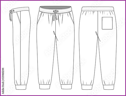 Sweatpants fashion flat sketches. Apparel template