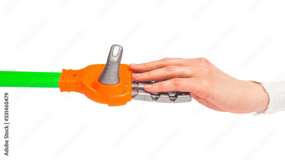 woman and robot hands connection woman and robot hands connection