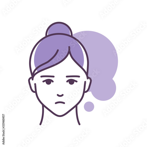 Human feeling boredom line color icon. Face of a young girl depicting emotion sketch element. Cute character on violet background. Outline vector illustration.