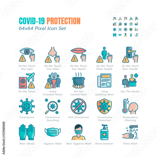 Simple Set of Covid-19 Protection Filled Icons. Icons as Guidance Protective Measures, Coronavirus Prevention, Hygienic Healthcare, Solution, Awareness, Hands Wash, Wear Face Mask etc. 64x64 Pixel