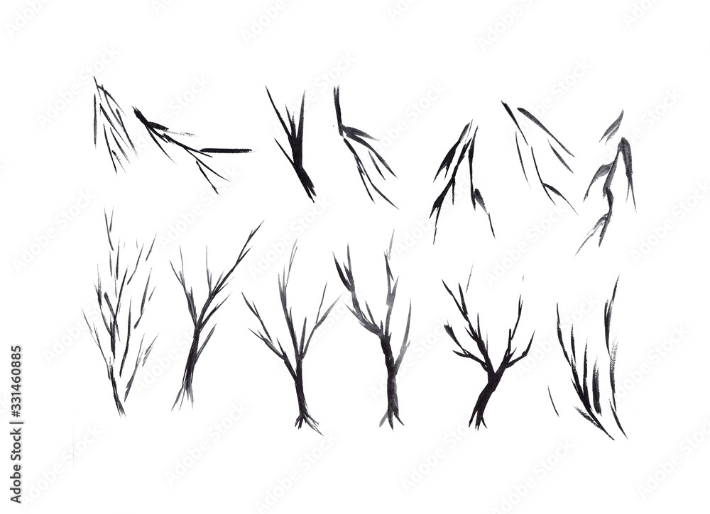 Watercolor branches set isolated on white background. Tree branches in winter season design elements. Monochrome grunge plant design template. Dry branches without leaves.