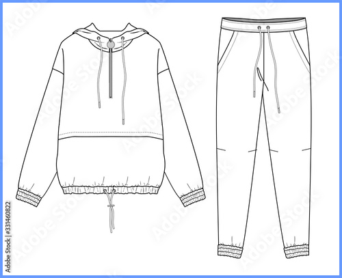 Sweatshirt, sweatpants fashion flat sketches. Apparel template