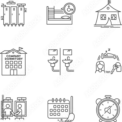 Living in dormitory pixel perfect linear icons set. Cleaning schedule. Quiet hours. Communal bathroom. Customizable thin line contour symbols. Isolated vector outline illustrations. Editable stroke