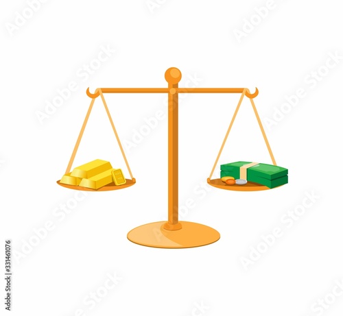 money coin cash and gold bar on balance. cartoon flat illustration symbol vector isolated in white background