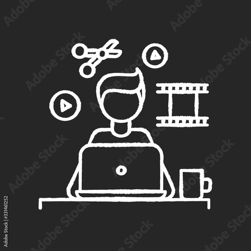 Video editor chalk white icon on black background. Multimedia content creating, movie editing. Audio and video production, media files designing. Isolated vector chalkboard illustration