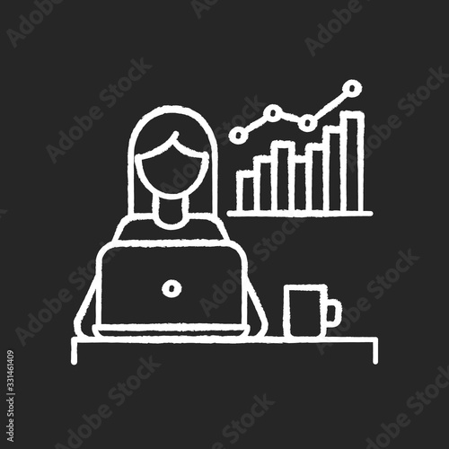 Freelance marketologist chalk white icon on black background. Digital marketing, social media advertisement. Merchandise promotion, customer attraction. Isolated vector chalkboard illustration
