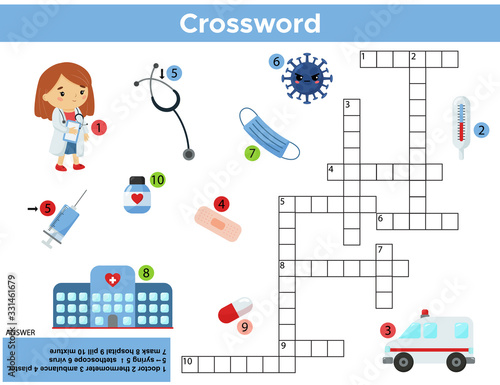 Educational crossword game for children. Cute cartoon doctor, medicine tools and virus. Learn english vocabulary. Medicine and healthcare.