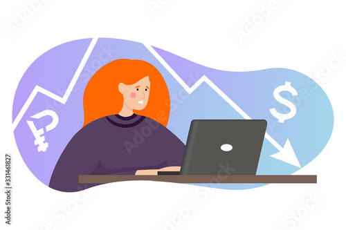 An anxious girl is sitting at laptop. The fall in the exchange rate of currencies and stocks. Ruble devaluation. Concept of the global financial crisis.