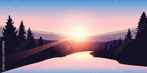 beautiful big river in a forest at sunrise purple landscape vector illustration EPS10