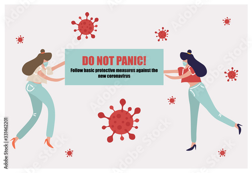 Vector illustration with girls in medical mask on the theme of coronavirus