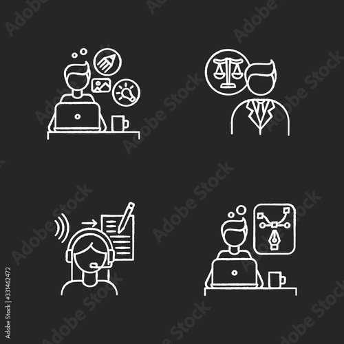 Distant workers chalk white icons set on black background. Creative and graphic design, transcription and legal service. Freelance lawyer and designer. Isolated vector chalkboard illustrations