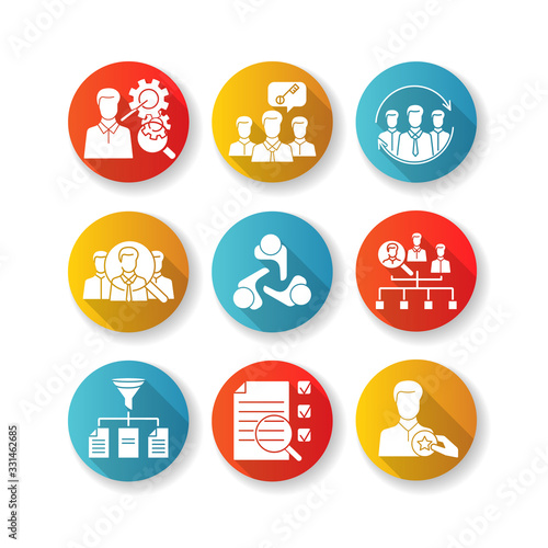 Recruitment flat design long shadow glyph icons set. Professional headhunting. Corporate employees search, staff hiring. Qualified office personnel selection. Silhouette RGB color illustration