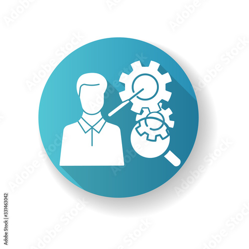 Performance review blue flat design long shadow glyph icon. Job efficiency assessment, employee effectiveness evaluation. Workflow optimization, time management. Silhouette RGB color illustration