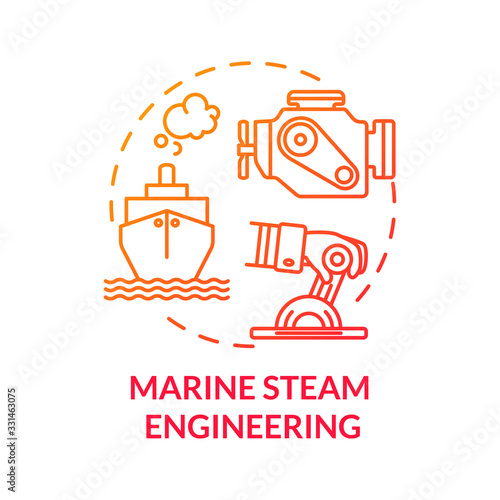 Marine steam engineering red concept icon. Steering boat with engine. Ship with steam powered engine. Water vessel maintenance idea thin line illustration. Vector isolated outline RGB color drawing