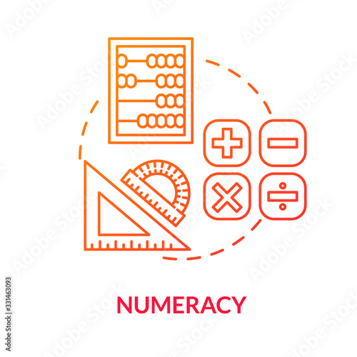 Numeracy red concept icon. Mathematical calculations. Ability to operate with numbers. Logical thinking. Numerical literacy idea thin line illustration. Vector isolated outline RGB color drawing