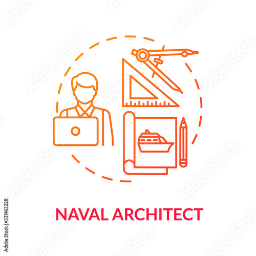 Naval architect red concept icon. Professional maritime worker. Designing ship. Boat project document. Marine engineer idea thin line illustration. Vector isolated outline RGB color drawing