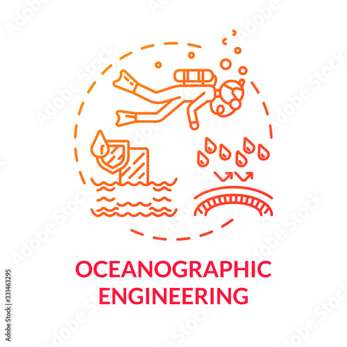 Oceanographic engineering red concept icon. Exploring underwater ecosystem. Biologist swim in ocean. Oceanography idea thin line illustration. Vector isolated outline RGB color drawing