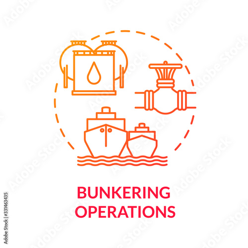 Bunkering operation red concept icon. Supplying ship with fuel. Providing petroleum to boat. Vessel maintenance idea thin line illustration. Vector isolated outline RGB color drawing