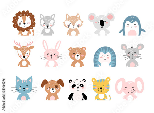 Cute animals, a large set of simple colorful cartoon characters for children. Wild, tropical, forest animals. Vector illustration isolated on a white background