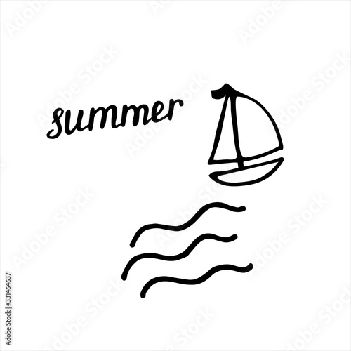 Summer poster with hand drawn elements. Yacht, waves and hand written inscription Summer.