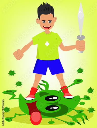 Illustrated symbols defeat the virus ,Vector cartoon illustration of corona covid-19 virus.the concept of the corona virus vaccine