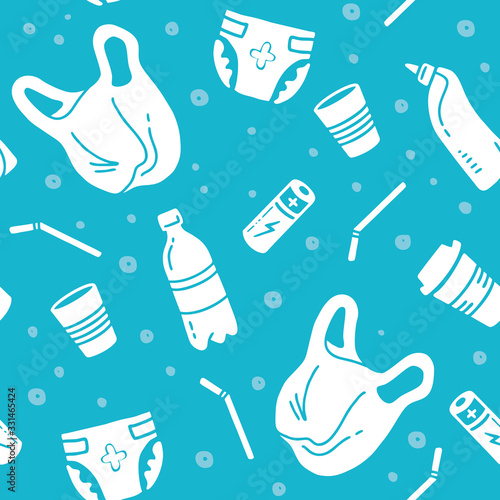 Endless Set No plastic. Hand drawn color vector seamless pattern. bottle, straw, canister, battery, plastic cup, diaper, package, bag