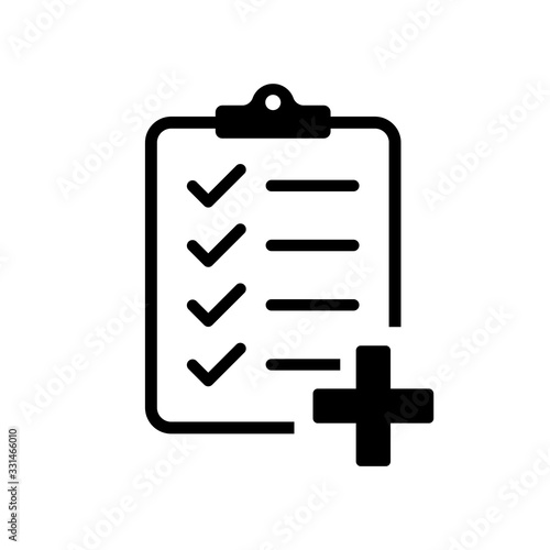 Checklist with medicine plus. Vector isolated icon. Medicine checklist report. Clipboard icon business agreement checkbox list. Health care. Checklist clipboard. Vector medicine illustration.