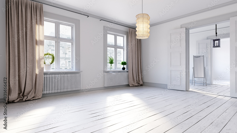 Scandinavian empty apartment interior without furniture with large wall and landscape in window