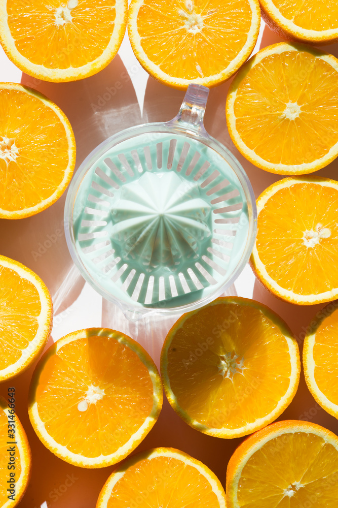 Orange fruit and orange squeezer juice, vitamin c to fight the coronavirus, top view image Orange fruit and orange squeezer juice, vitamin c to fight the coronavirus, top view image