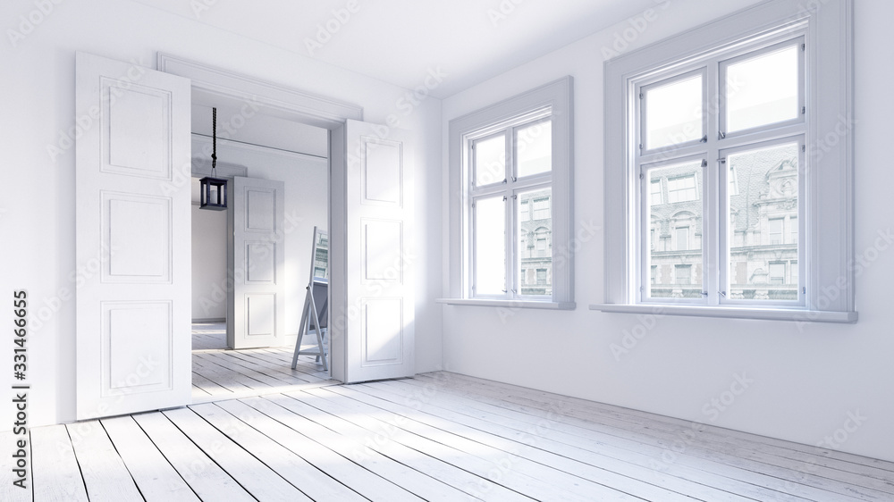 Fototapeta premium Scandinavian empty apartment interior without furniture with large wall and landscape in window. Home nordic interior. 3D illustration