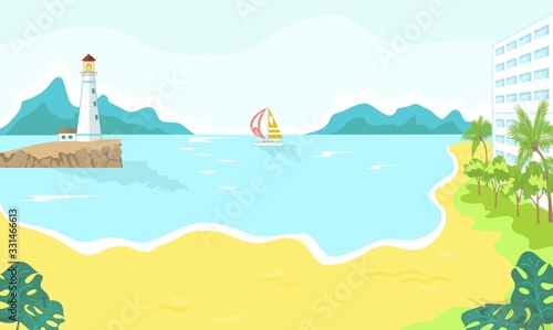 Beach resort hotel on sea or ocean coast in summer, palms, yacht in water, seamark for romantic vacation cartoon vector illustration. Exotic paradise island sea beach resort for holidays recreation.