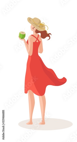 Beautiful woman with cocktail on sea beach in summer dress and sun hat cartoon vector illustration isolated on white. Woman with coctail in cocos relax on vacation, travelling recreation idea.