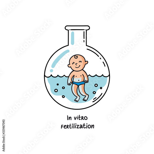 IVF, In vitro fertilization. Vector linear flat illustration. Baby boy embryo floats in a test tube. Outline logo for Infertility Clinic, IVF Center. Infertile couple, fertility problem.