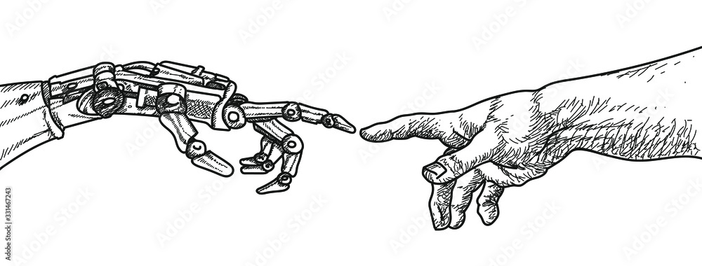 Creation of Adam, Michelangelos Theme in context of AI and Robotics, humans and robots connected, vector graphic, Vintage Art - obrazy, fototapety, plakaty 