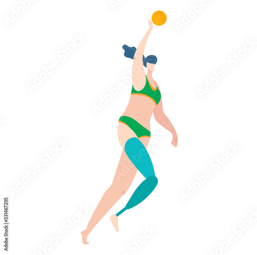 Body positive disabled woman in swimsuits, leg prothesis invalid on sea beach playing ball, girl active lifestyle isolated on white flat vector illustration. Positive active healthy lifestyle people.