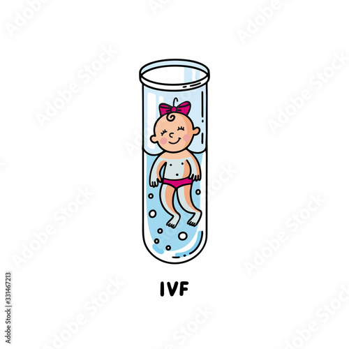 IVF, In vitro fertilization. Vector linear flat illustration. Baby girl embryo floats in a test tube. Outline logo for Infertility Clinic, IVF Center. Infertile couple, fertility problem.