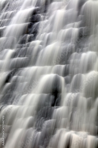 Slow shutter speed close up image of water overflowing down the wall of the Derwent Dam Derbyshire