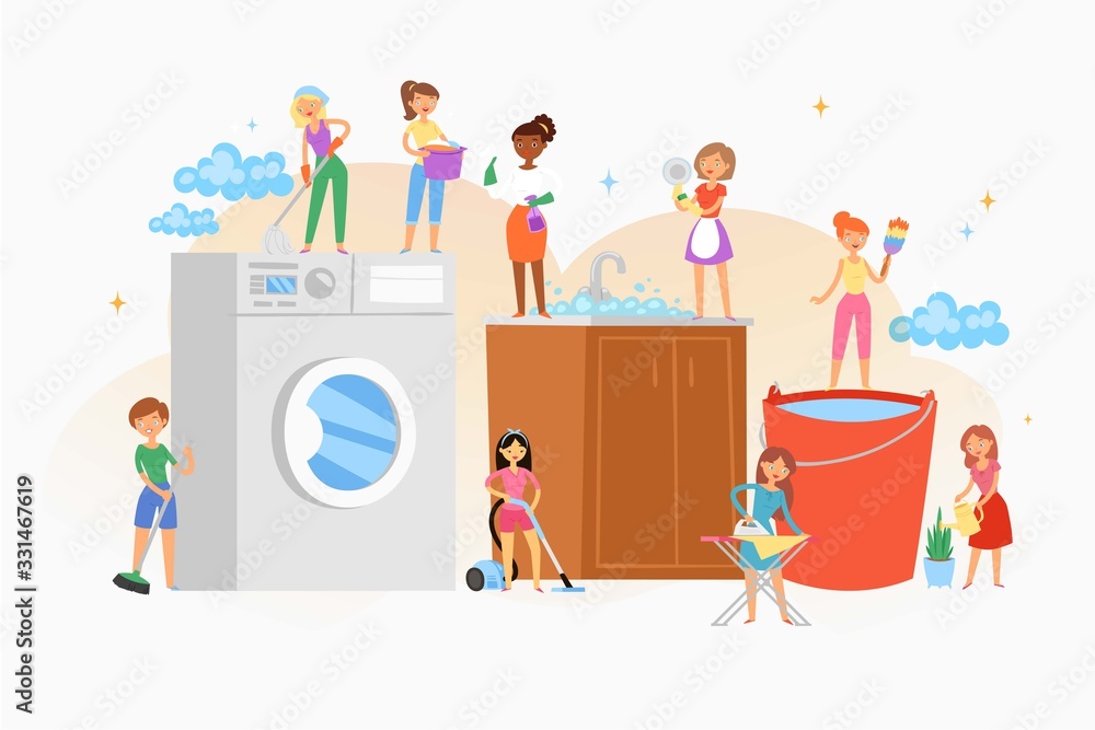 Cleaning house women washing company cartoon isolated composition, interior services household equipment and tools vector illustration. Woman cleans, irons, maintains house cleanliness.