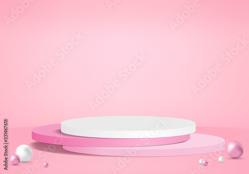Background vector 3d pink rendering with podium and minimal pink wall scene, minimal abstract background 3d rendering abstract geometric shape pink pastel color. Stage for awards on website in modern. © M.AKA