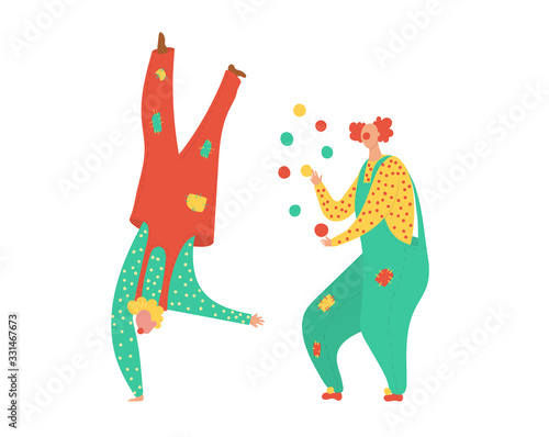 Dancing clowns for party fun holiday in circus people in costumes happy birthday celebration and carnival isolated on white vector illustration. Multicolored clowns in dance, comedians dancers.