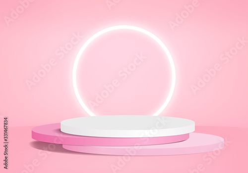 Background vector 3d pink rendering with podium and minimal pink wall scene, minimal abstract background 3d rendering abstract geometric shape pink pastel color. Stage for awards on website in modern.