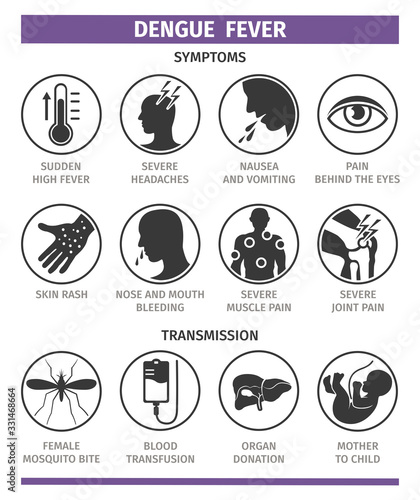 Symptoms and transmission of dengue fever. Template for use in medical agitation. Vector illustration, flat icons.